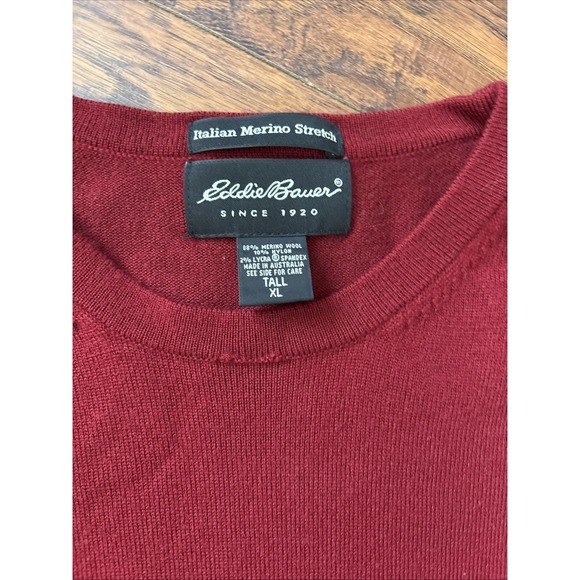 EDDIE BAUER Sweater Mens Crew Italian  Merino Wool Blend stretch Bungundy XLT - Picture 2 of 6